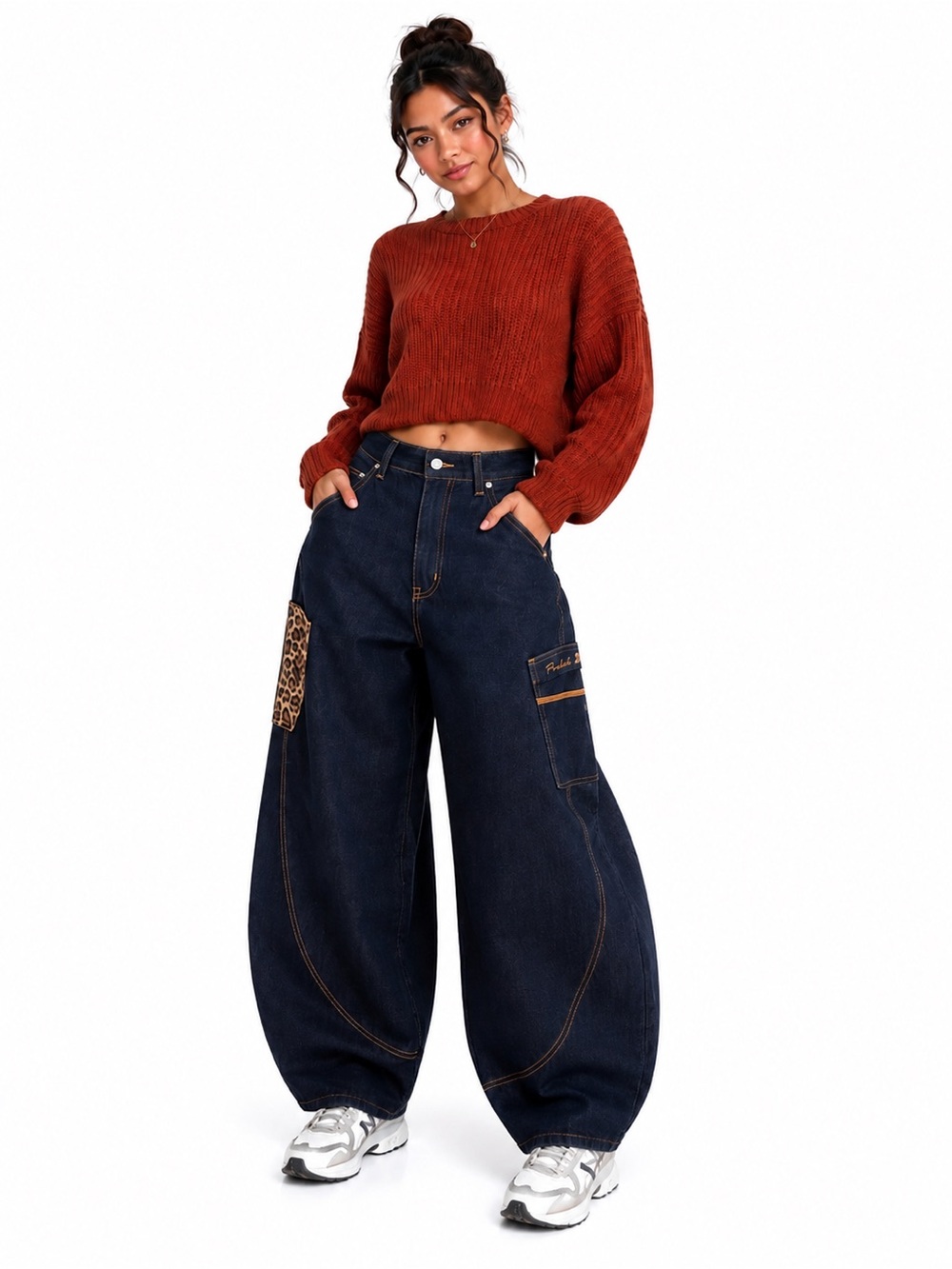 659.New  Barrel  Leg Dark Indigo Jeans with Leopard Patch